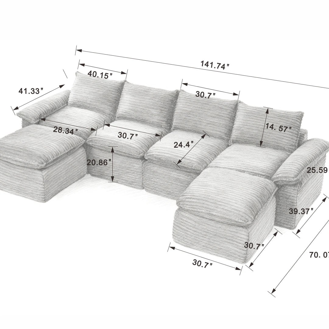 White 4 Seat and 2 Ottoman Modern corduroy cloud sofa #6108