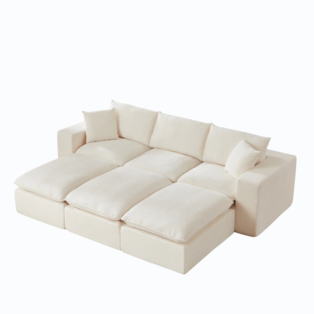 White 3 Seat and 3 Ottoman Modern Chenille Cloud Sofa #6120