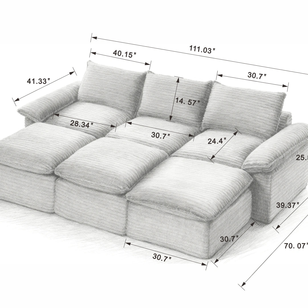 Black 3 Seat and 3 Ottoman Modern corduroy cloud sofa #6108
