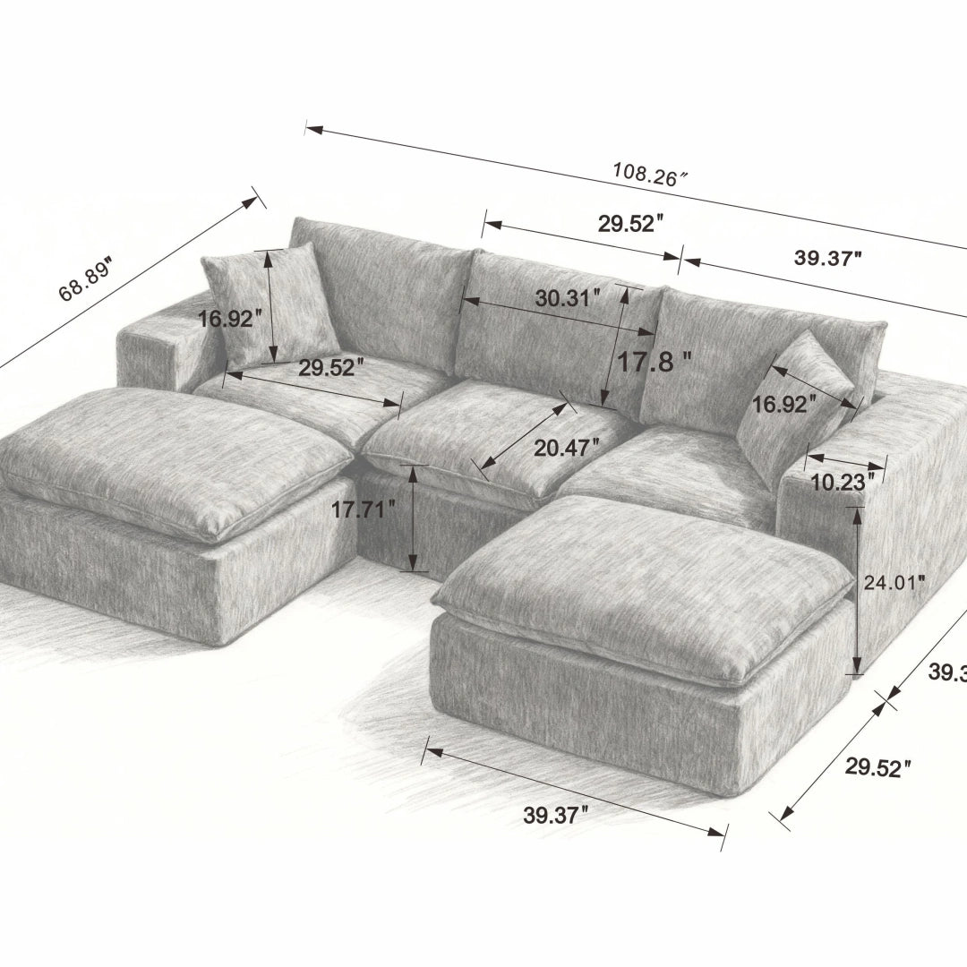 Dark Gray 3 Seat and 2 Ottoman Modern Chenille Cloud Sofa #6120