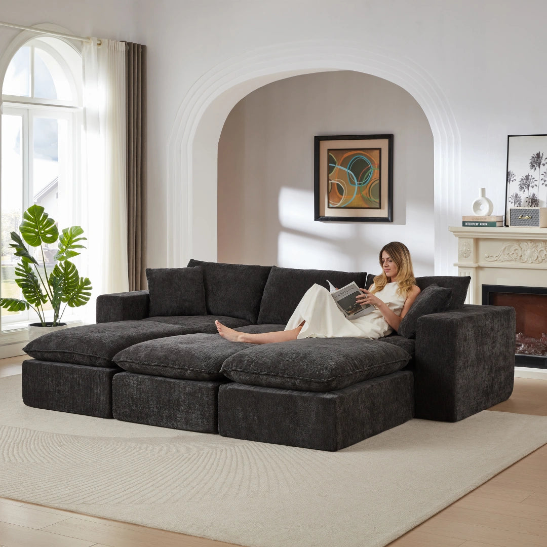 Black 3 Seat and 3 Ottoman Modern Chenille Cloud Sofa #6120