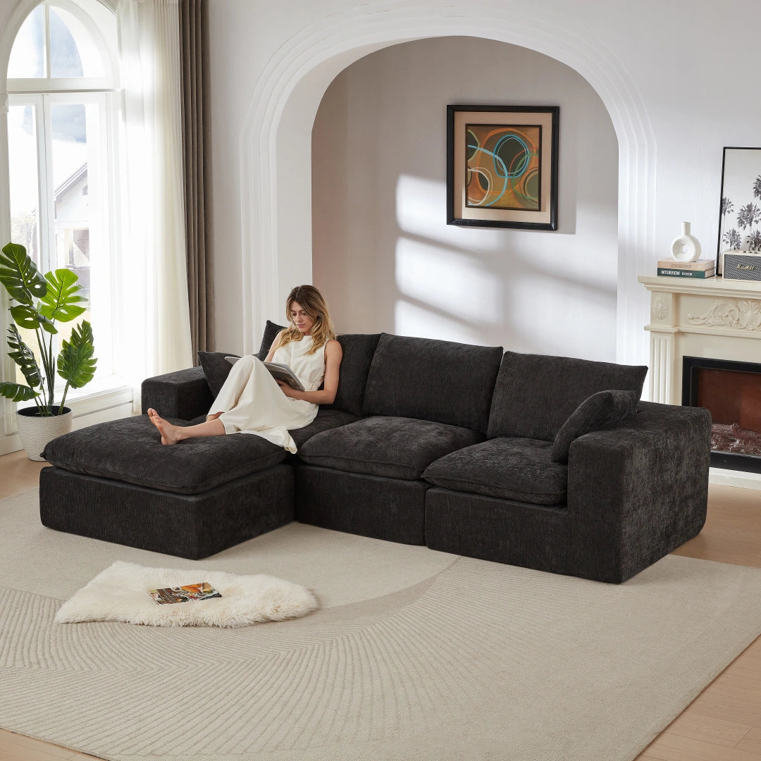 Black 3 Seat and 1 Ottoman Modern Chenille Cloud Sofa #6120