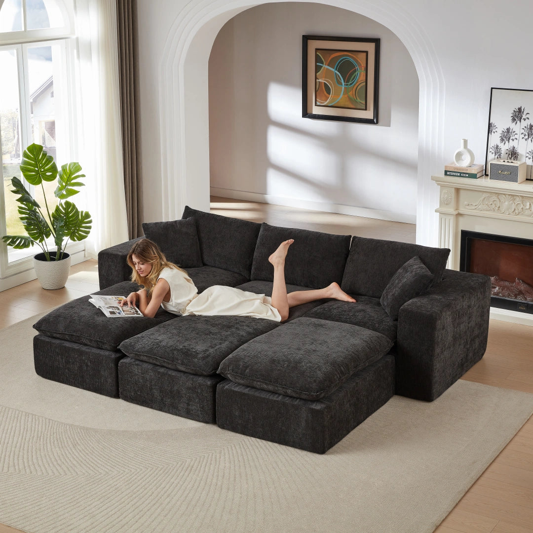 Black 3 Seat and 3 Ottoman Modern Chenille Cloud Sofa #6120