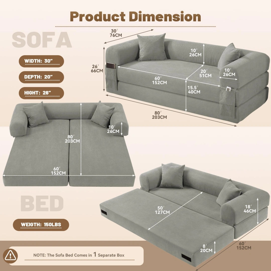 Light Gray Convertible Sofa Bed Couch 80 Inch Boneless Couches for Living Room #6115