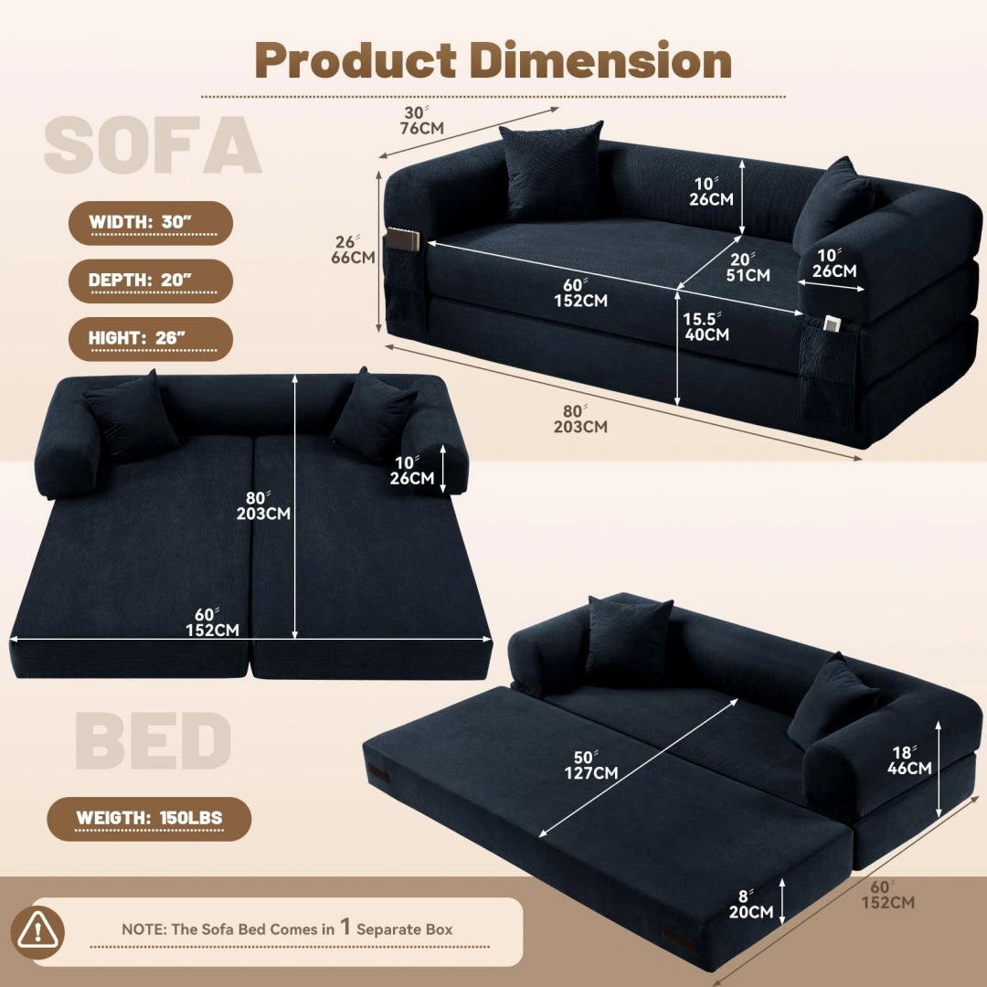 Dark Blue Convertible Sofa Bed Couch 80 Inch Boneless Couches for Living Room #6115