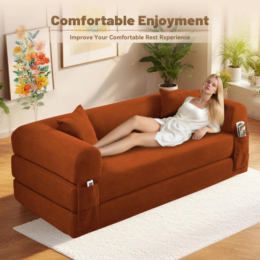 Orange Convertible Sofa Bed Couch 80 Inch Boneless Couches for Living Room #6115