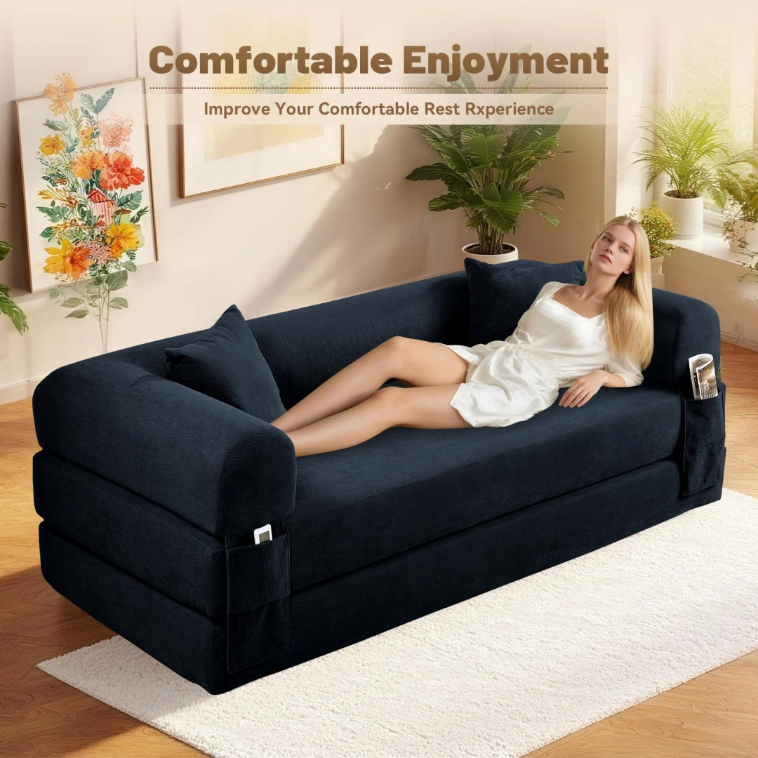Dark Blue Convertible Sofa Bed Couch 80 Inch Boneless Couches for Living Room #6115