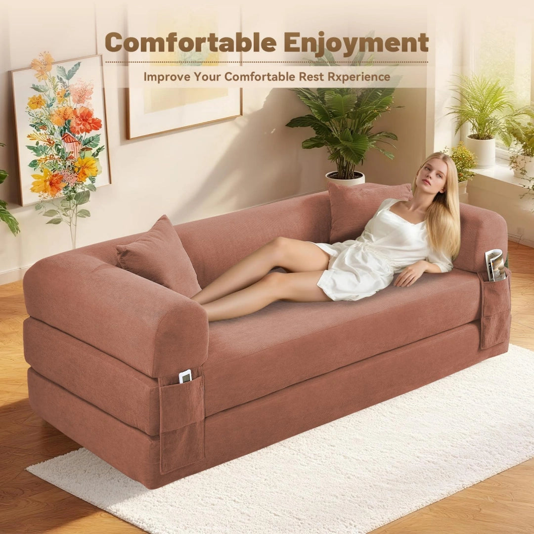 Pink Convertible Sofa Bed Couch 80 Inch Boneless Couches for Living Room #6115