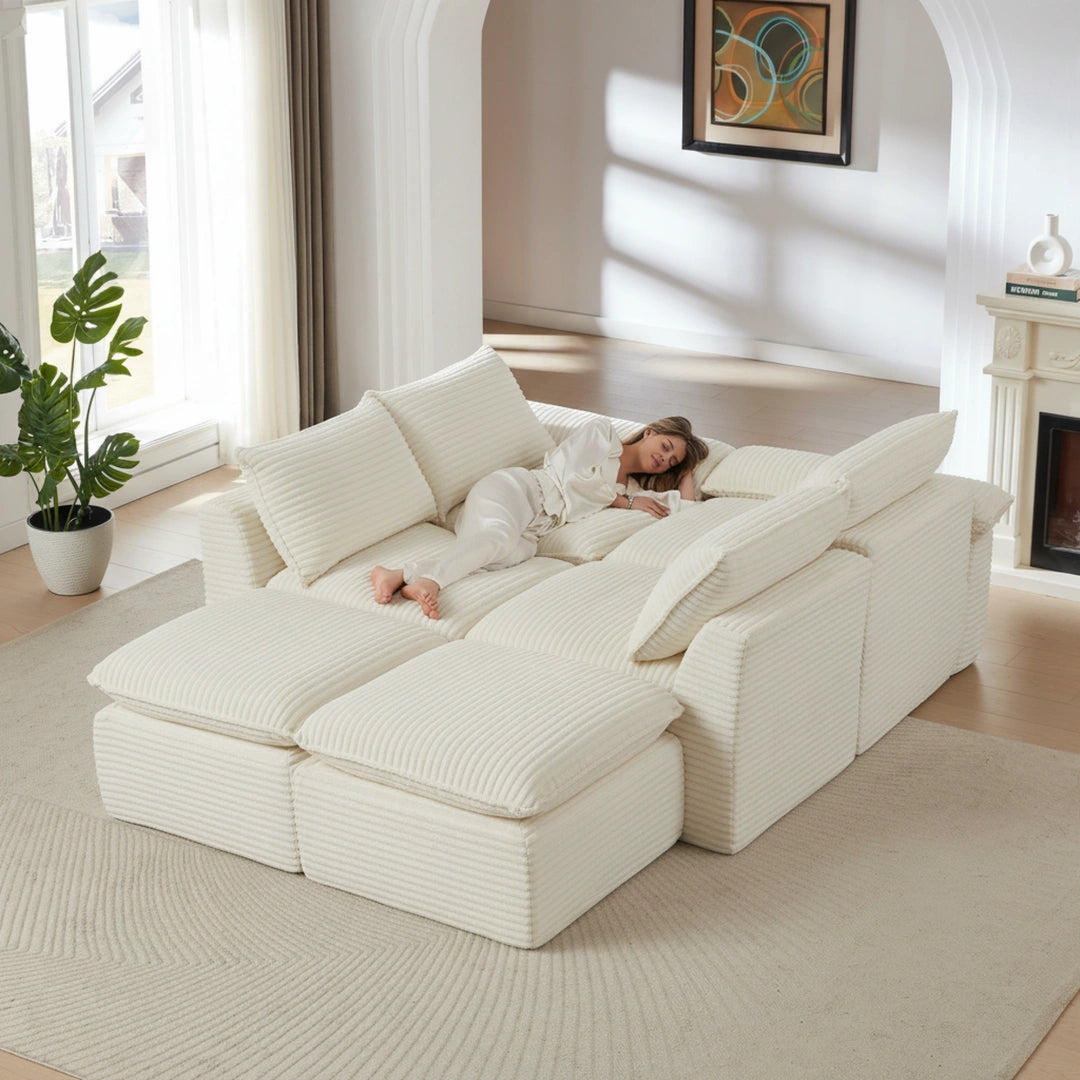 White 6 Seat Modern corduroy cloud sofa #6108