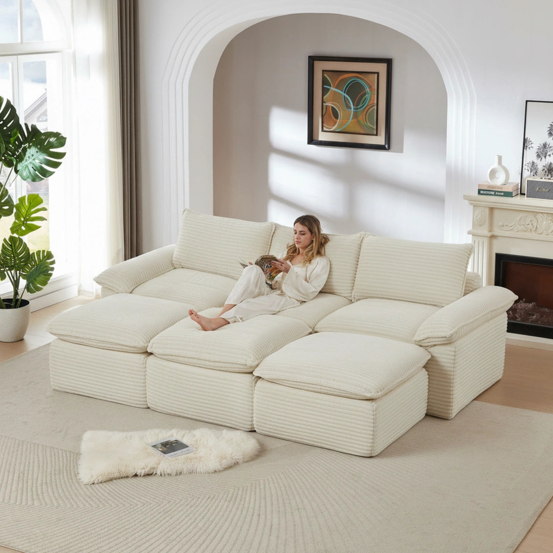 White 3 Seat and 3 Ottoman Modern corduroy cloud sofa #6108