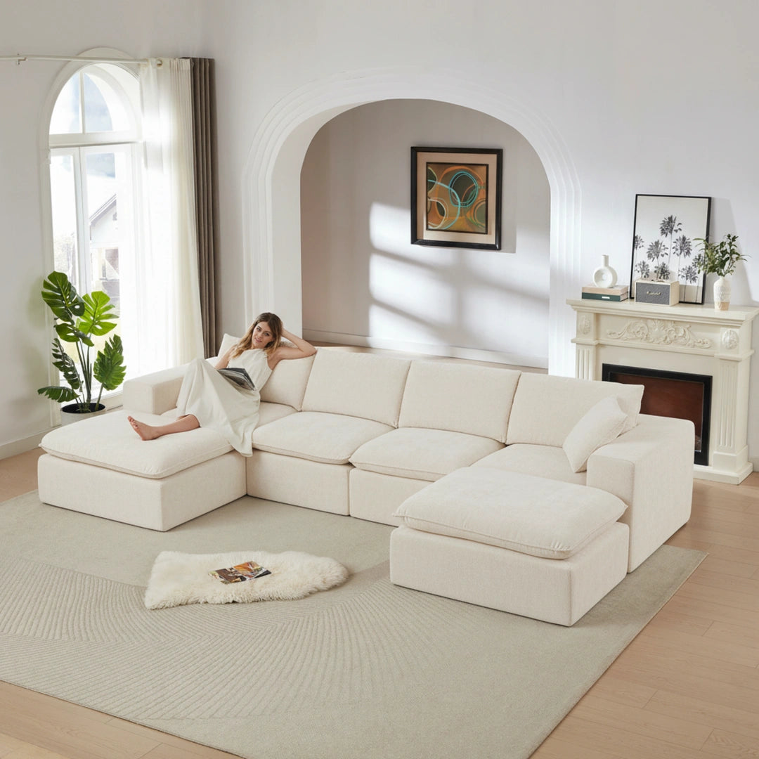 White 4 Seat and 2 Ottoman Modern Chenille Cloud Sofa #6120
