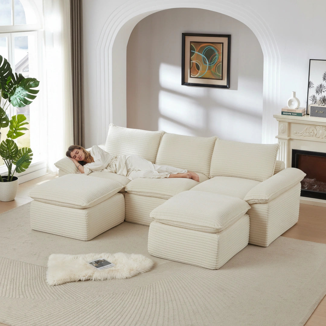 White 3 Seat and 2 Ottoman Modern corduroy cloud sofa #6108