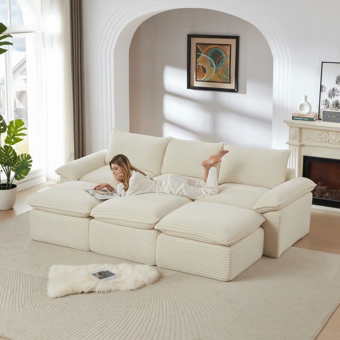 White 3 Seat and 3 Ottoman Modern corduroy cloud sofa #6108
