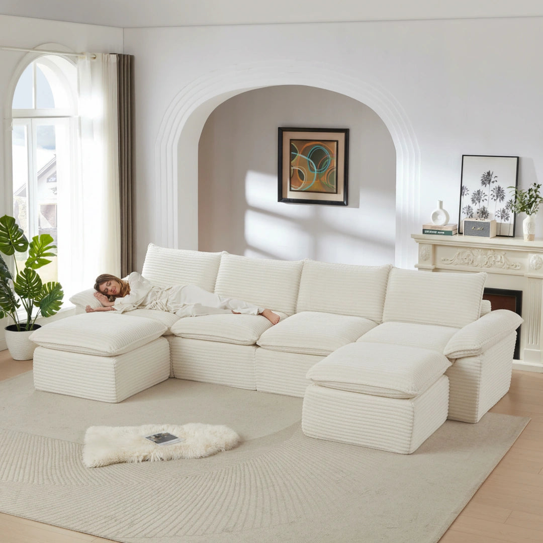 White 4 Seat and 2 Ottoman Modern corduroy cloud sofa #6108