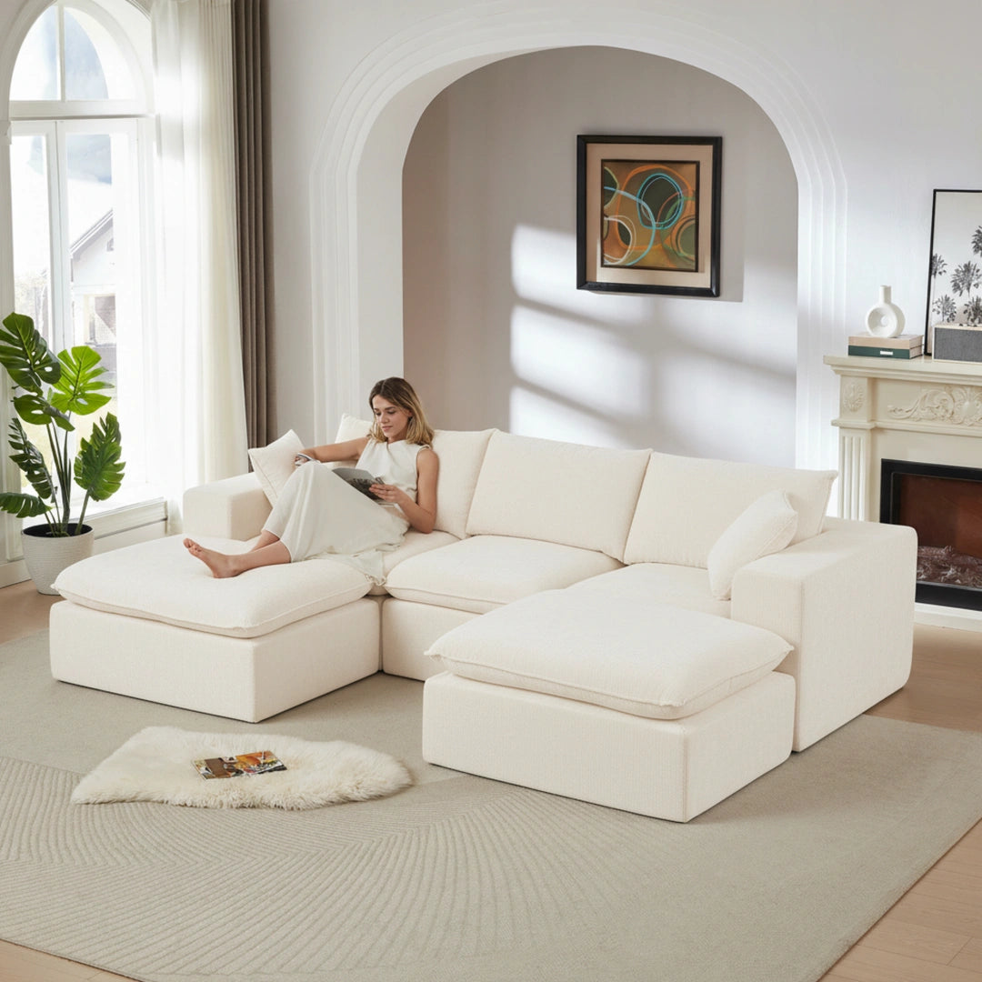 White 3 Seat and 2 Ottoman Modern Chenille Cloud Sofa #6120