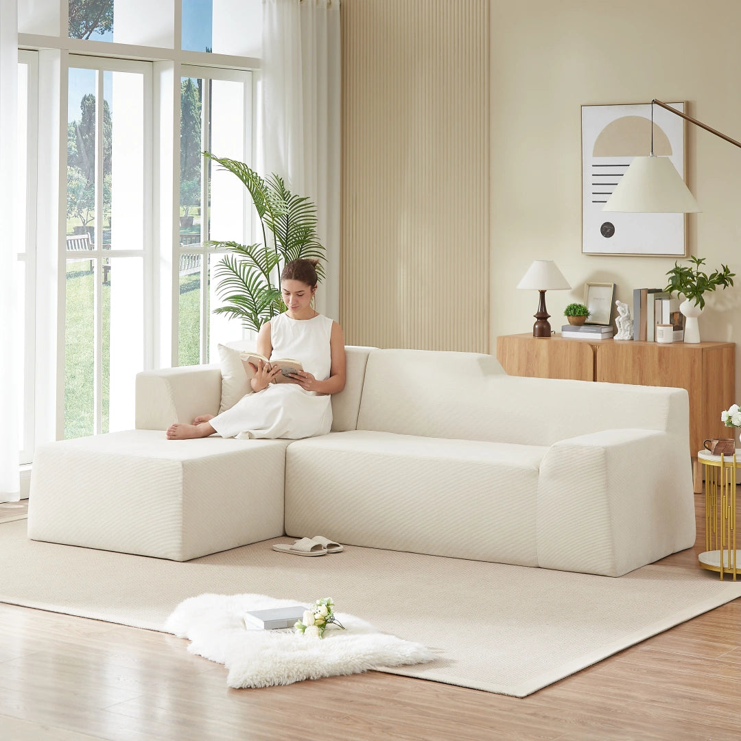 Beige left Modern minimalist L-shaped corduroy high back sofa #6100B