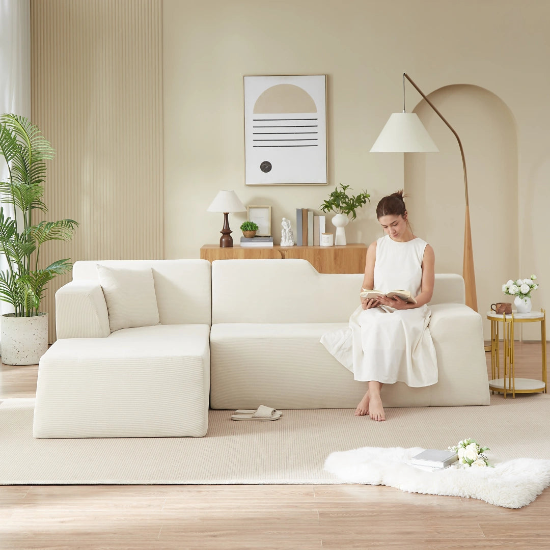 Beige left Modern minimalist L-shaped corduroy high back sofa #6100B