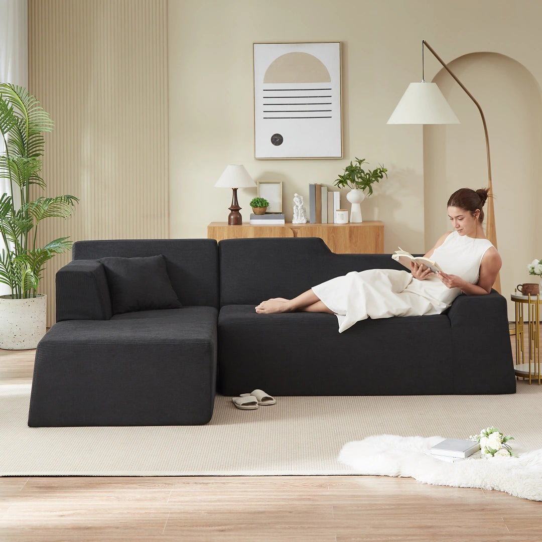 Black left Modern minimalist L-shaped corduroy high back sofa #6100B