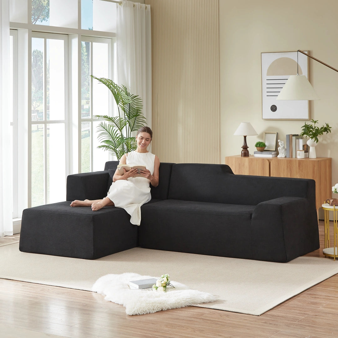 Black left Modern minimalist L-shaped corduroy high back sofa #6100B