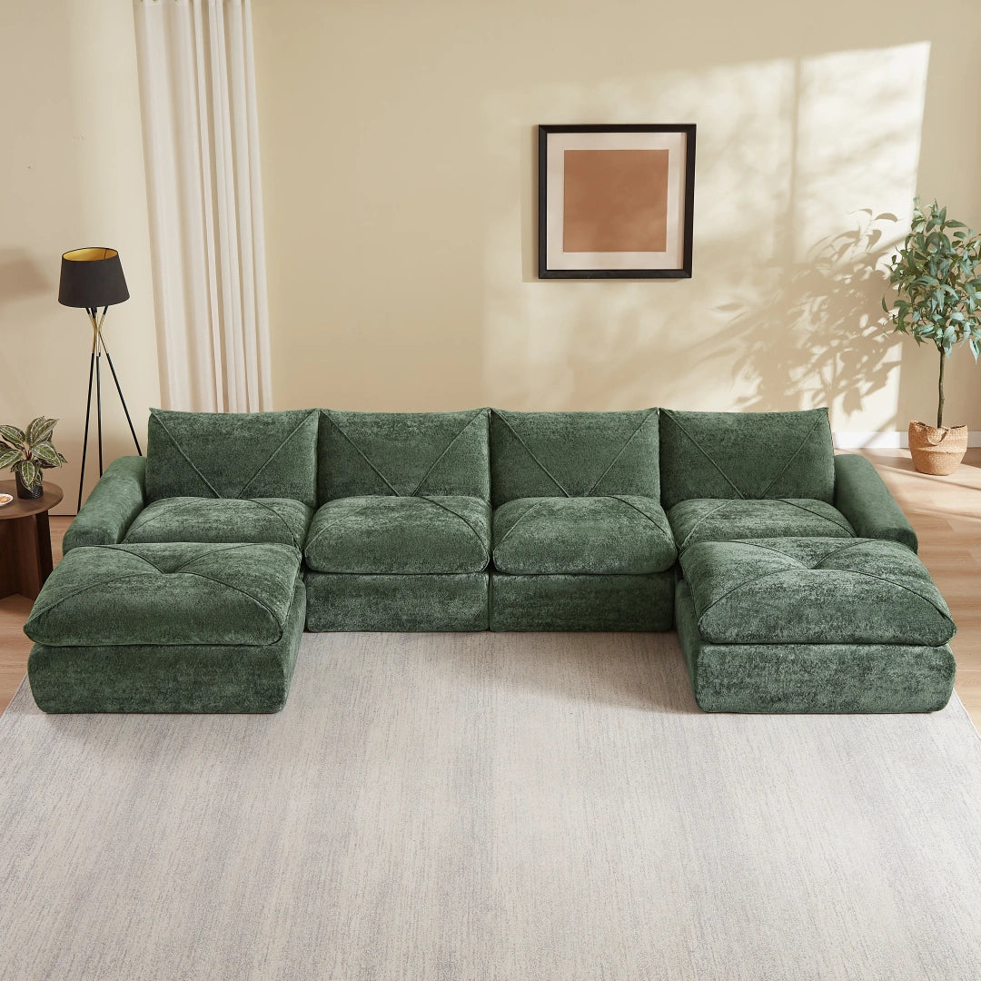 Green 4 Seat and 2 Ottoman Modern minimalist chenille combination sofa #6159