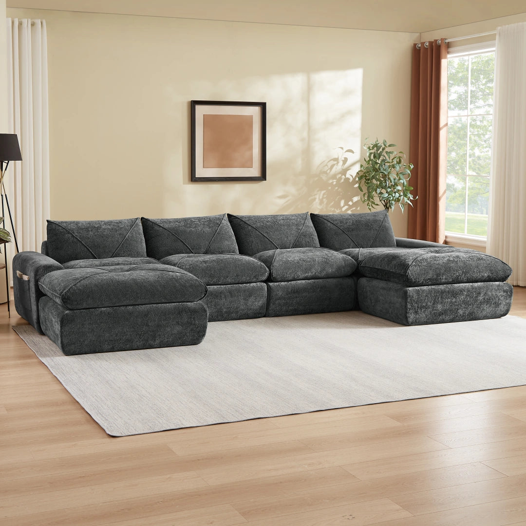 Dark Gray 4 Seat and 2 Ottoman Modern minimalist chenille combination sofa #6159