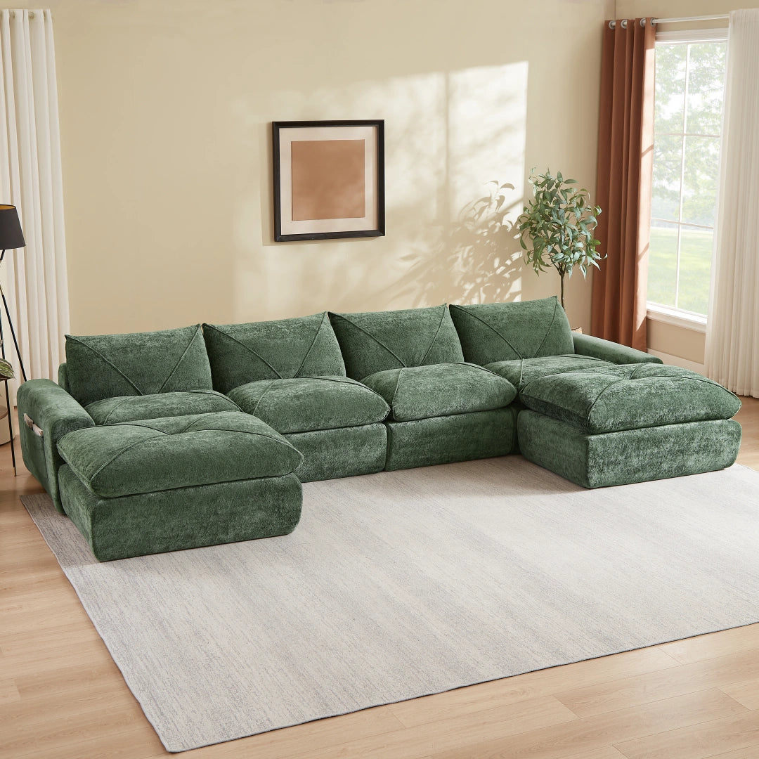 Green 4 Seat and 2 Ottoman Modern minimalist chenille combination sofa #6159