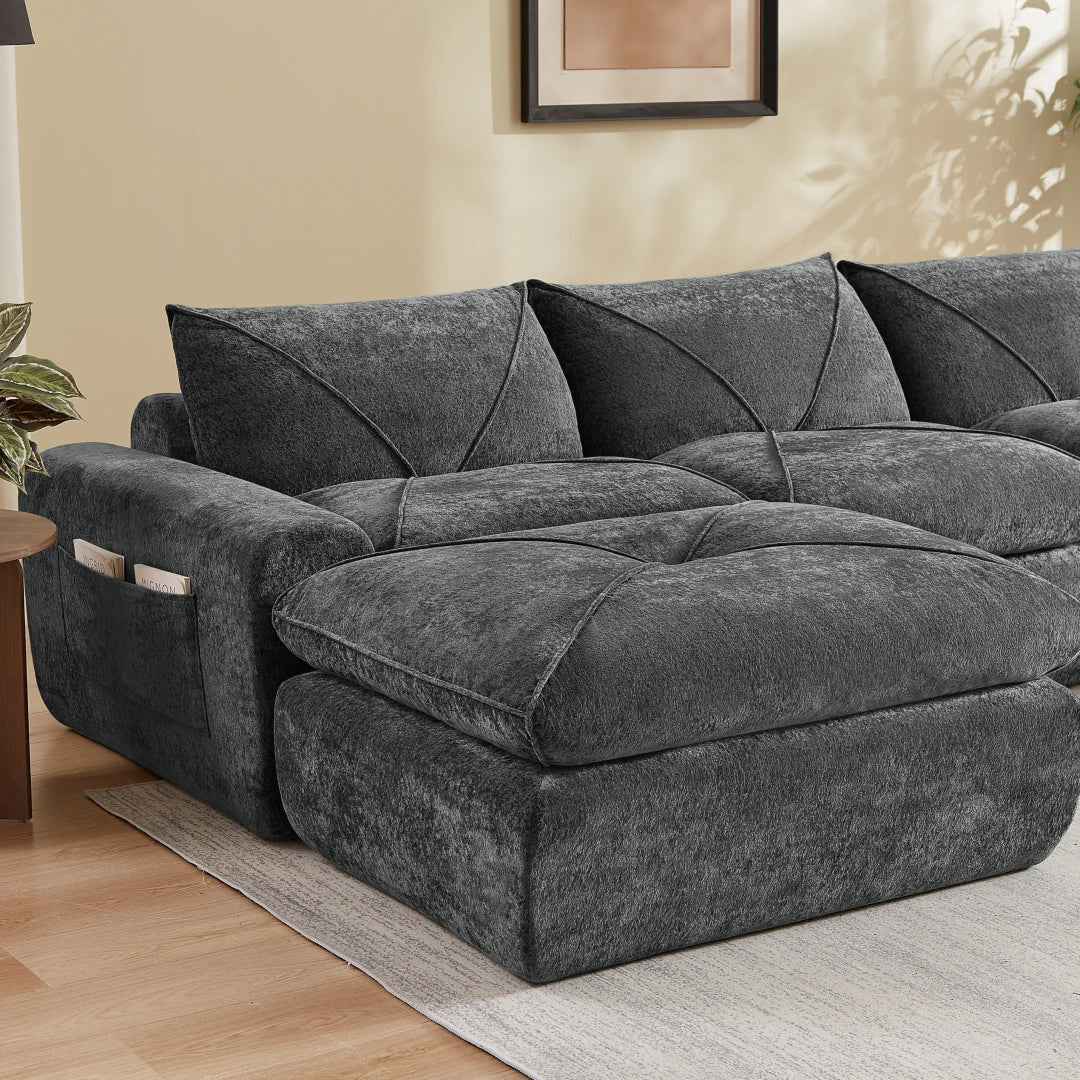 Dark Gray 4 Seat and 2 Ottoman Modern minimalist chenille combination sofa #6159