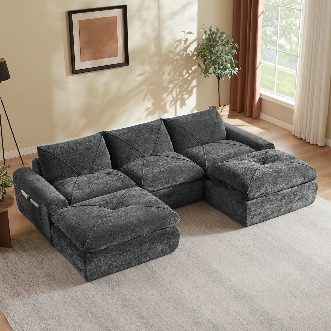 Dark Gray 3 Seat and 2 Ottoman Modern minimalist chenille combination sofa #6159