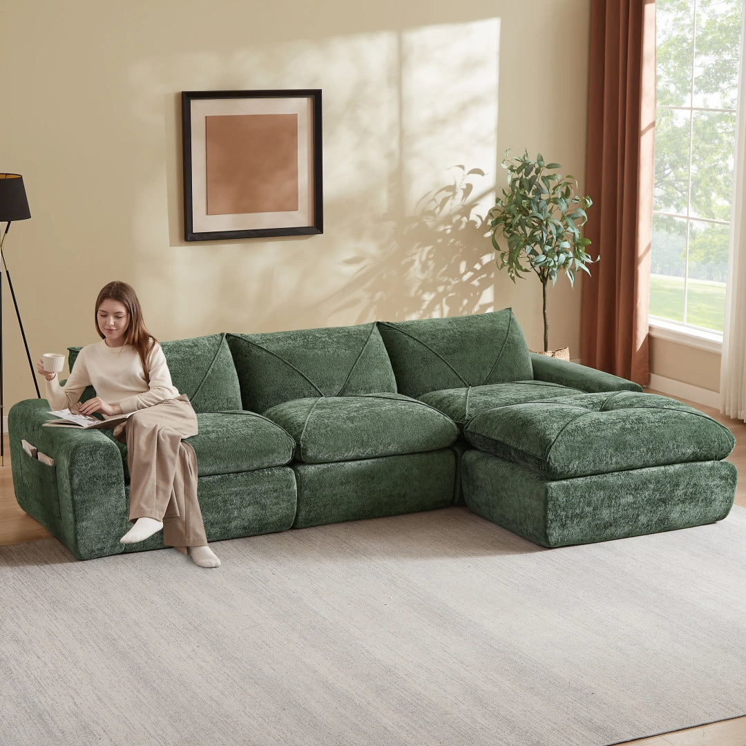 Green 3 Seat and 1 Ottoman Modern minimalist chenille combination sofa #6159