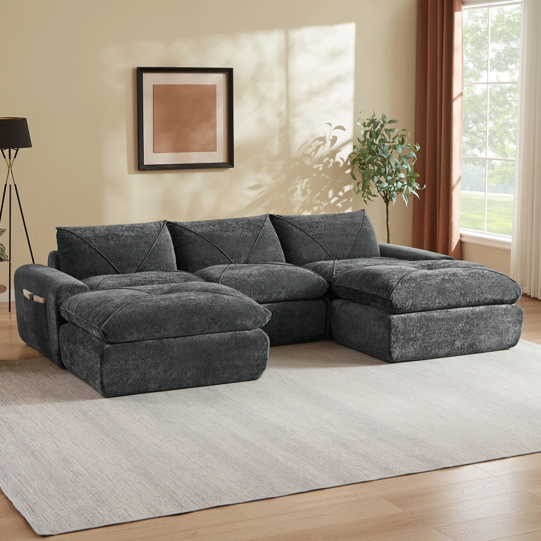 Dark Gray 3 Seat and 2 Ottoman Modern minimalist chenille combination sofa #6159