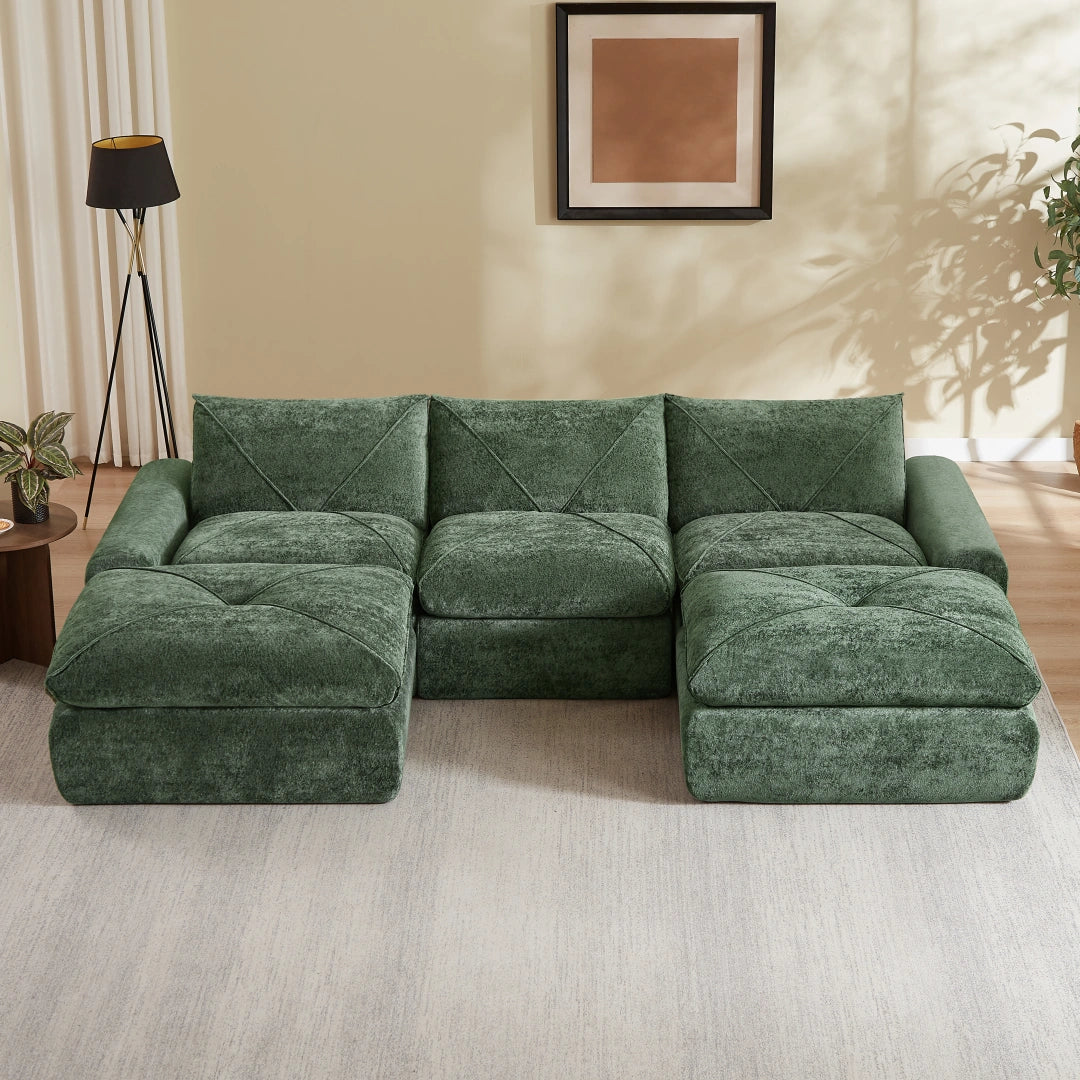 Green 3 Seat and 2 Ottoman Modern minimalist chenille combination sofa #6159