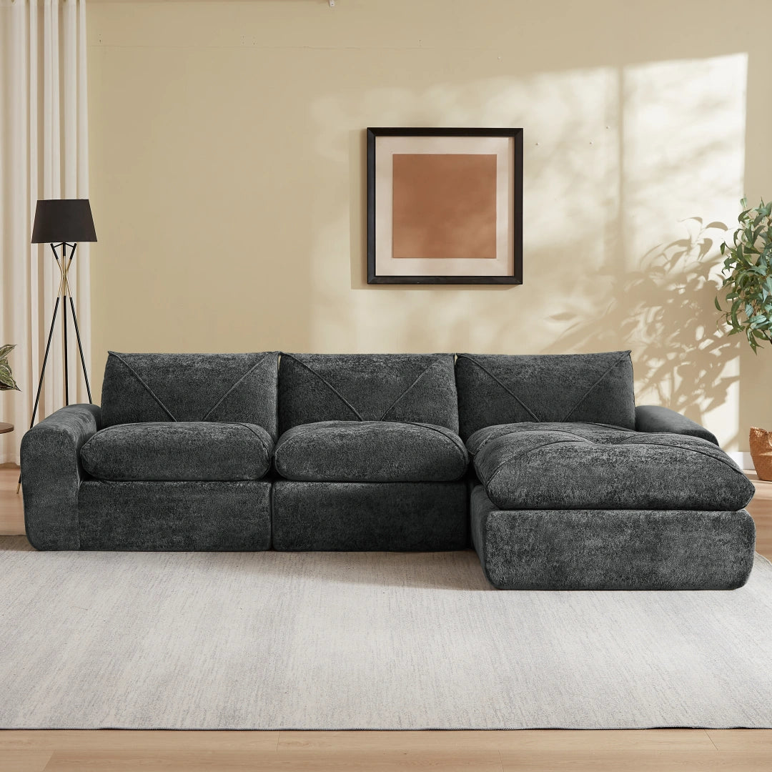 Dark Gray 3 Seat and 1 Ottoman Modern minimalist chenille combination sofa #6159