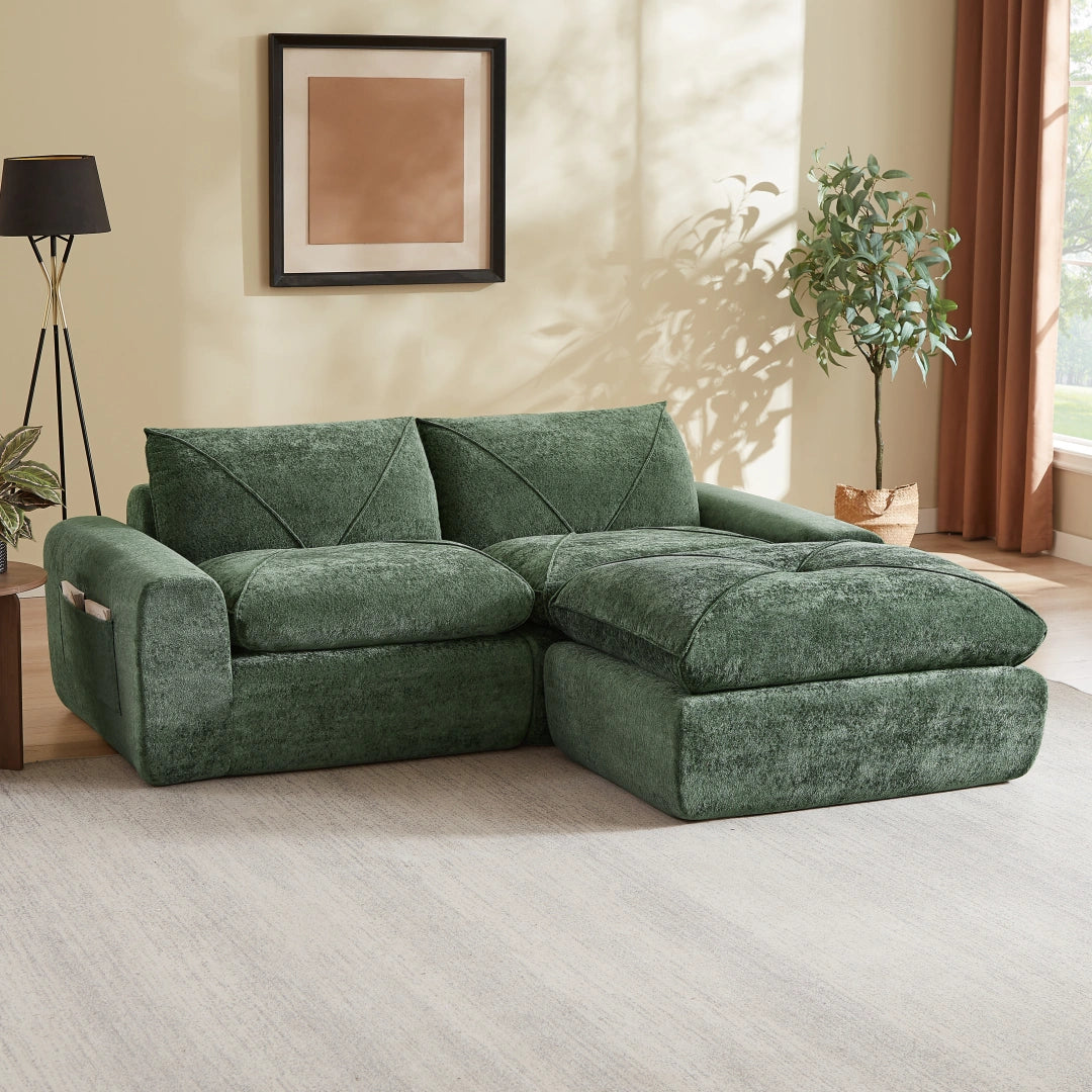 Green 2 Seat and 1 Ottoman Modern minimalist chenille combination sofa #6159