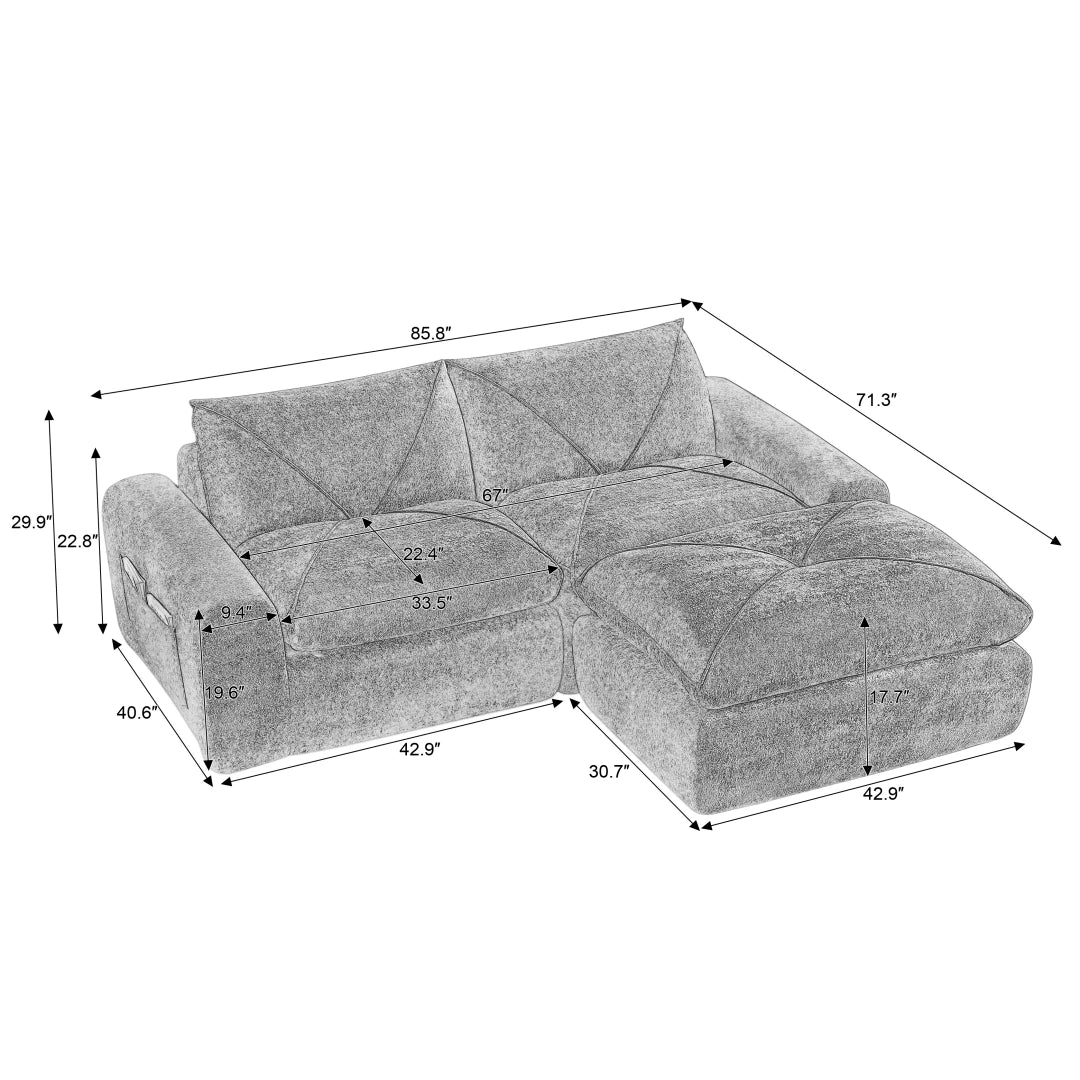 Beige 2 Seat and 1 Ottoman Modern minimalist chenille combination sofa #6159