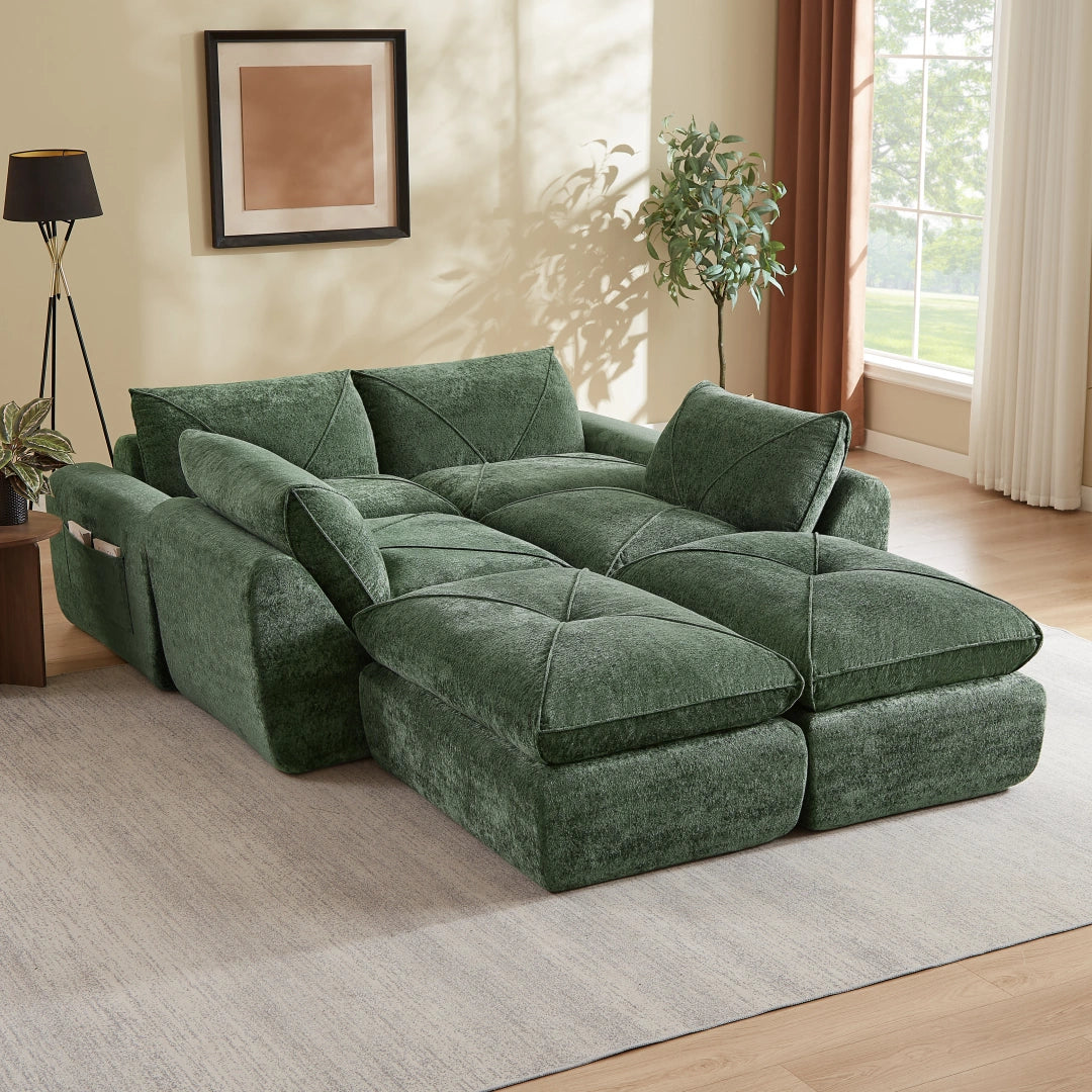 Green 4 Seat and 2 Ottoman Modern minimalist chenille combination sofa #6159