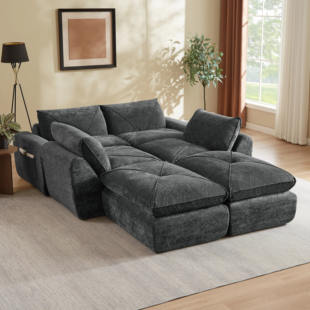 Dark Gray 4 Seat and 2 Ottoman Modern minimalist chenille combination sofa #6159