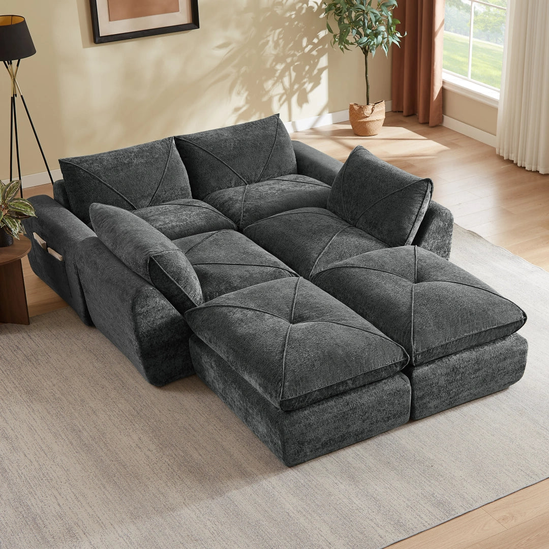 Dark Gray 4 Seat and 2 Ottoman Modern minimalist chenille combination sofa #6159
