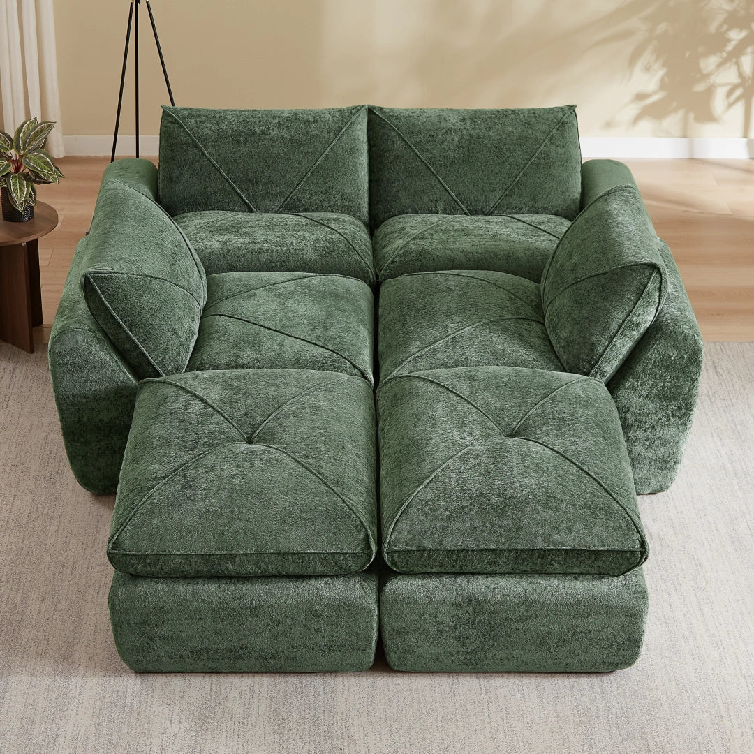Green 4 Seat and 2 Ottoman Modern minimalist chenille combination sofa #6159