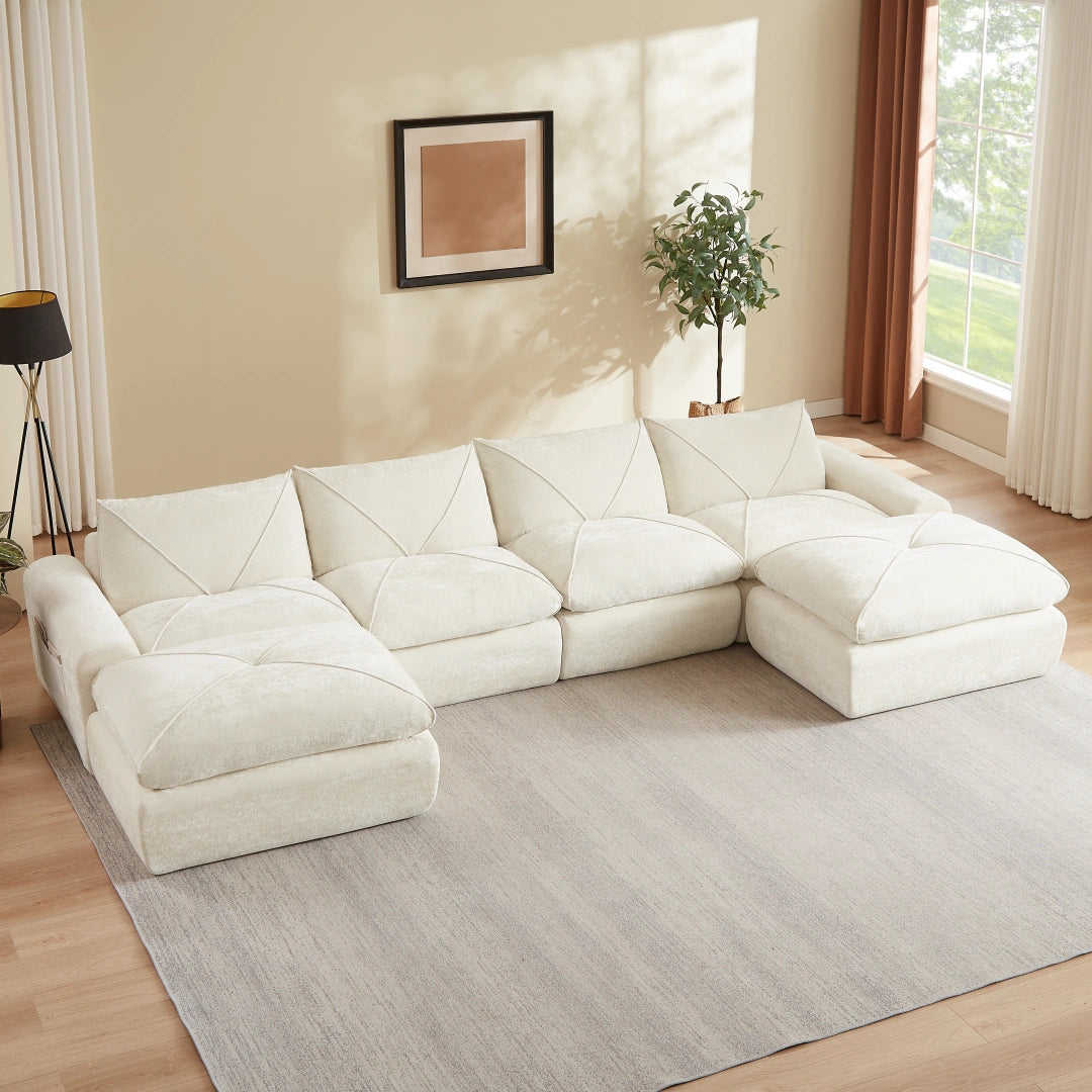 Beige 4 Seat and 2 Ottoman Modern minimalist chenille combination sofa #6159