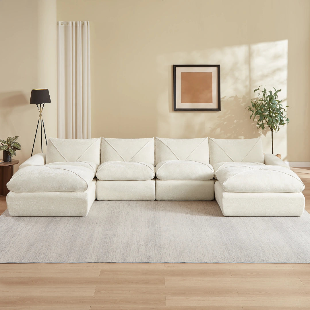 Beige 4 Seat and 2 Ottoman Modern minimalist chenille combination sofa #6159