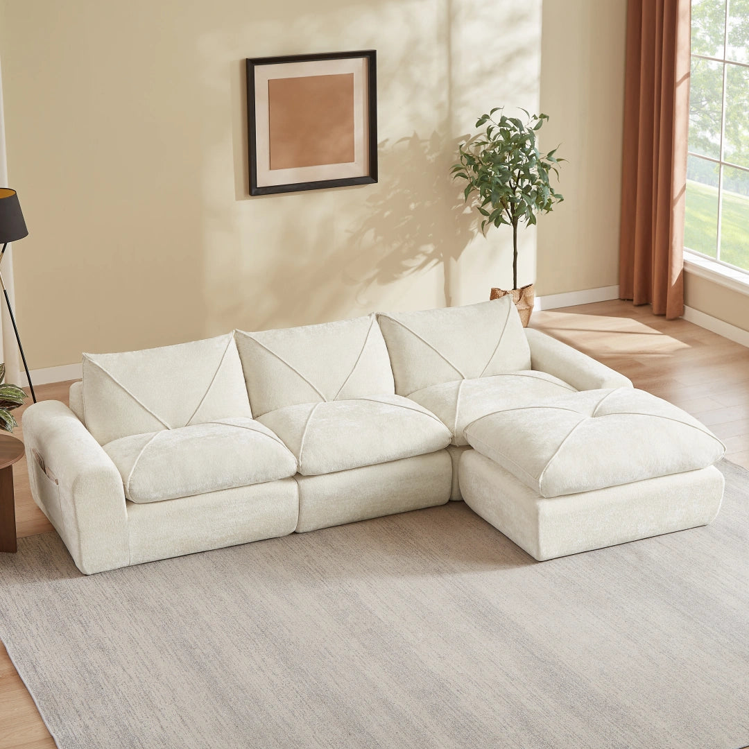Beige 3 Seat and 1 Ottoman Modern minimalist chenille combination sofa #6159