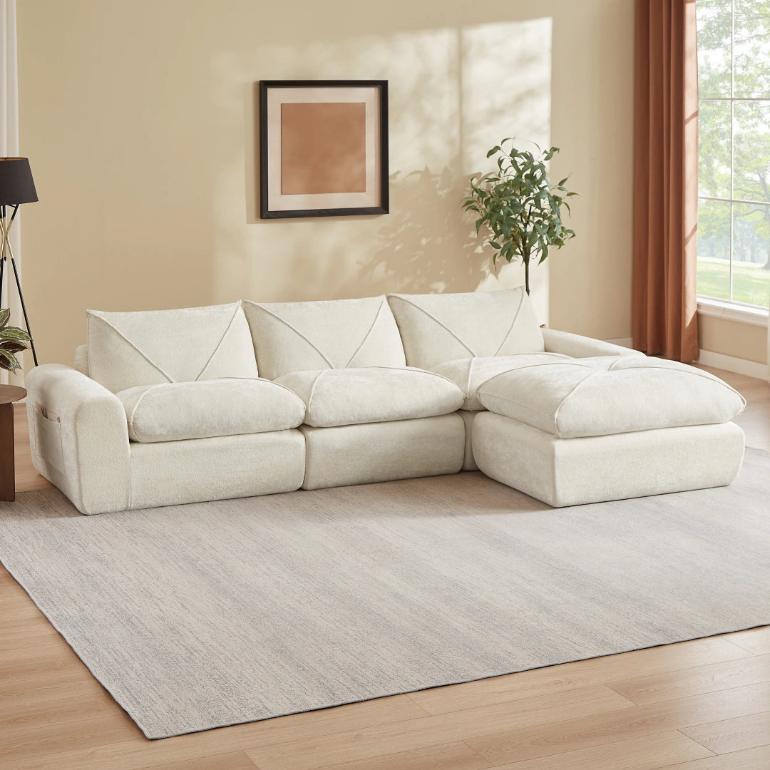 Beige 3 Seat and 1 Ottoman Modern minimalist chenille combination sofa #6159