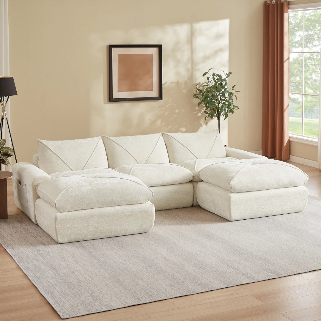 Beige 3 Seat and 2 Ottoman Modern minimalist chenille combination sofa #6159