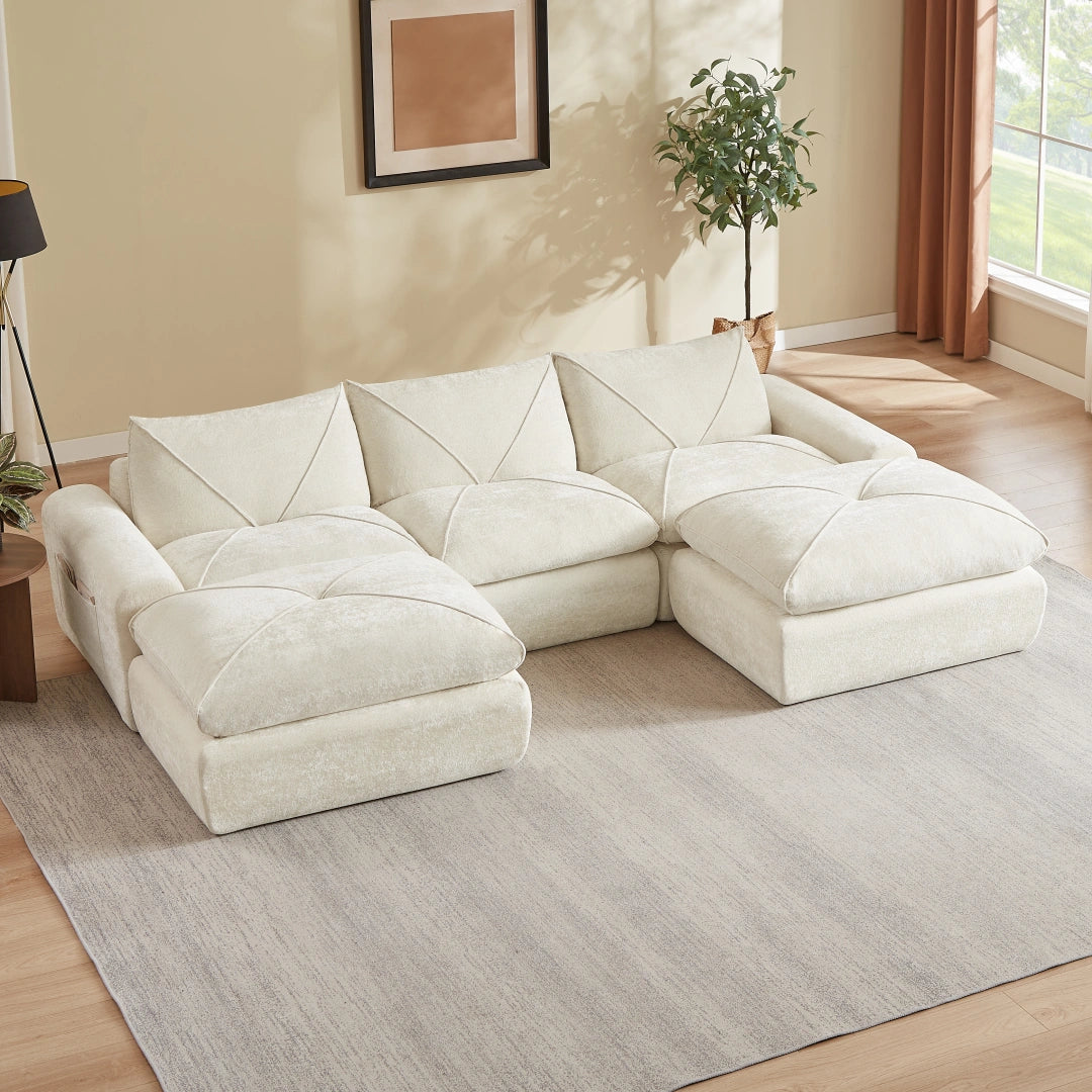 Beige 3 Seat and 2 Ottoman Modern minimalist chenille combination sofa #6159