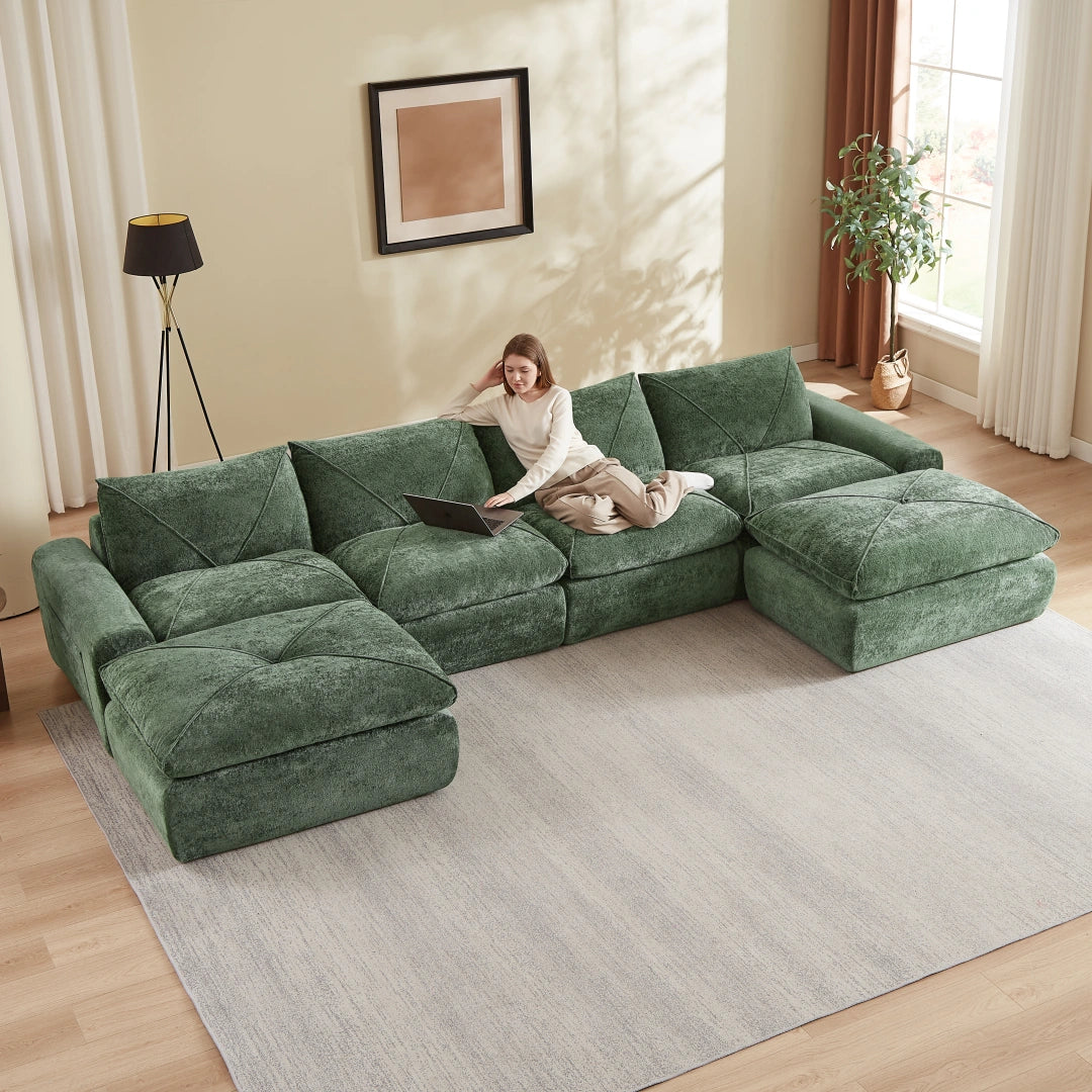Green 4 Seat and 2 Ottoman Modern minimalist chenille combination sofa #6159
