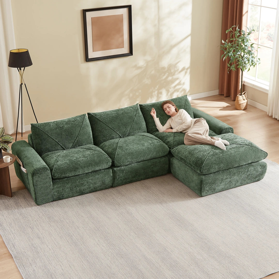 Green 3 Seat and 1 Ottoman Modern minimalist chenille combination sofa #6159