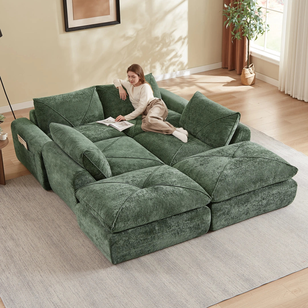 Green 4 Seat and 2 Ottoman Modern minimalist chenille combination sofa #6159