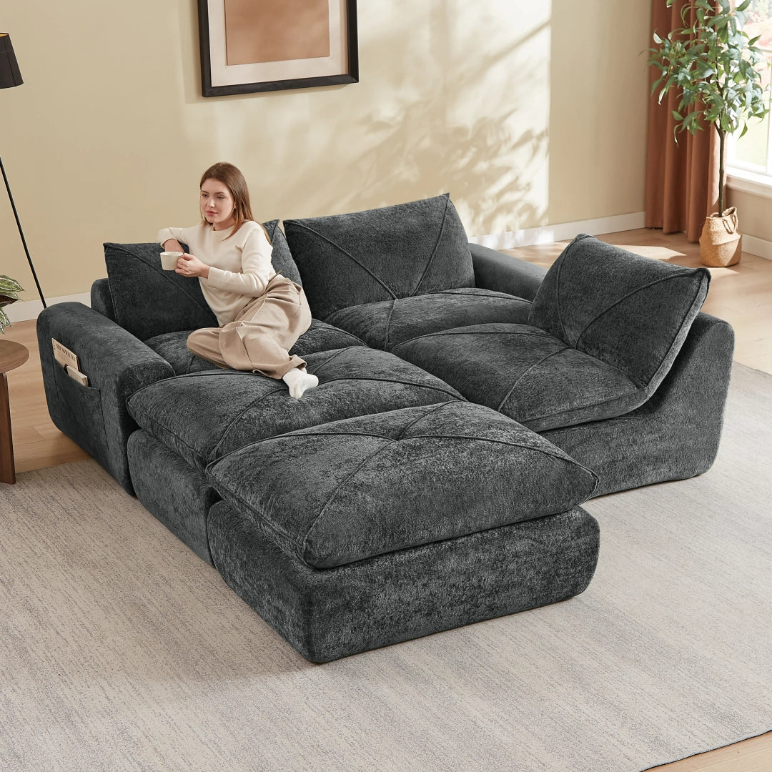 Dark Gray 3 Seat and 2 Ottoman Modern minimalist chenille combination sofa #6159
