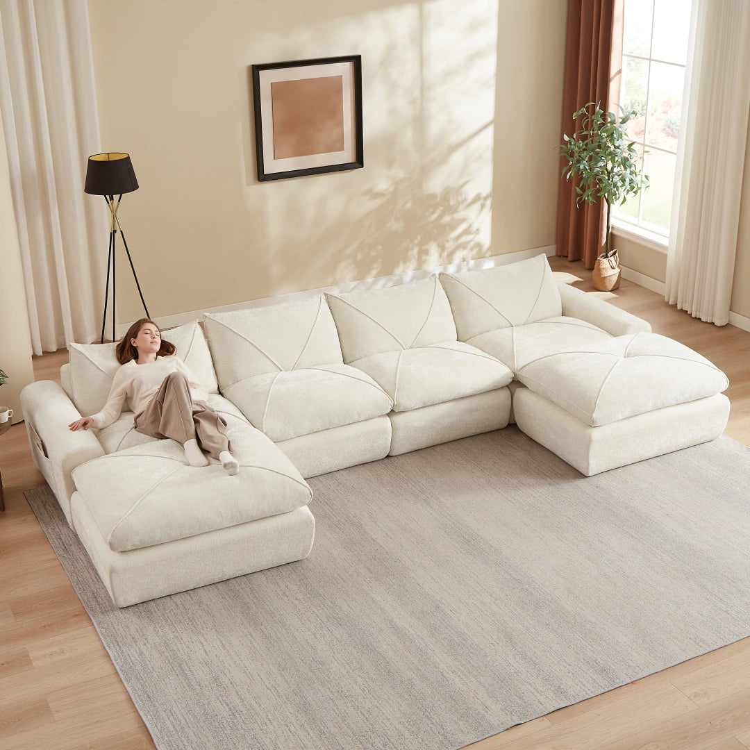 Beige 4 Seat and 2 Ottoman Modern minimalist chenille combination sofa #6159