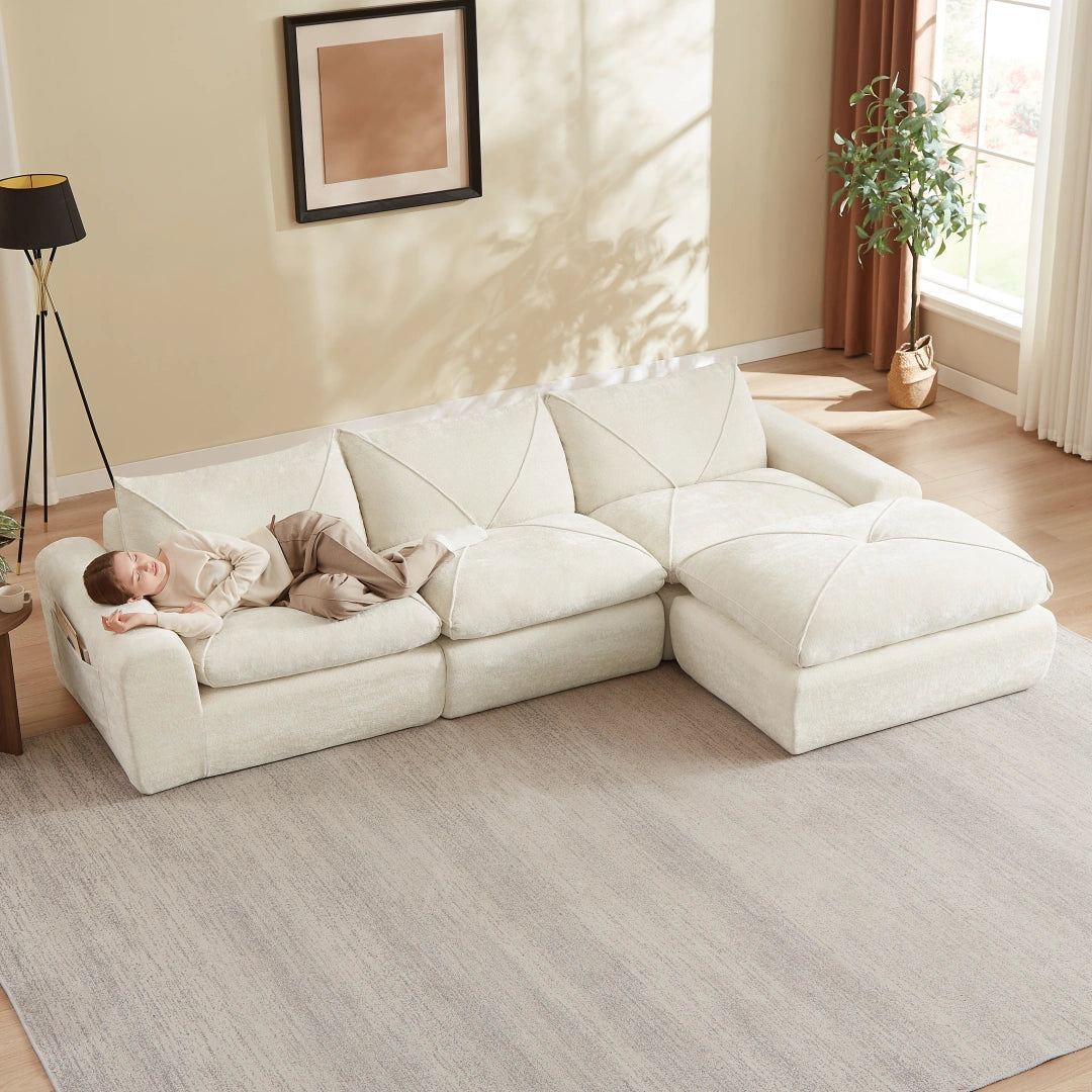 Beige 3 Seat and 1 Ottoman Modern minimalist chenille combination sofa #6159